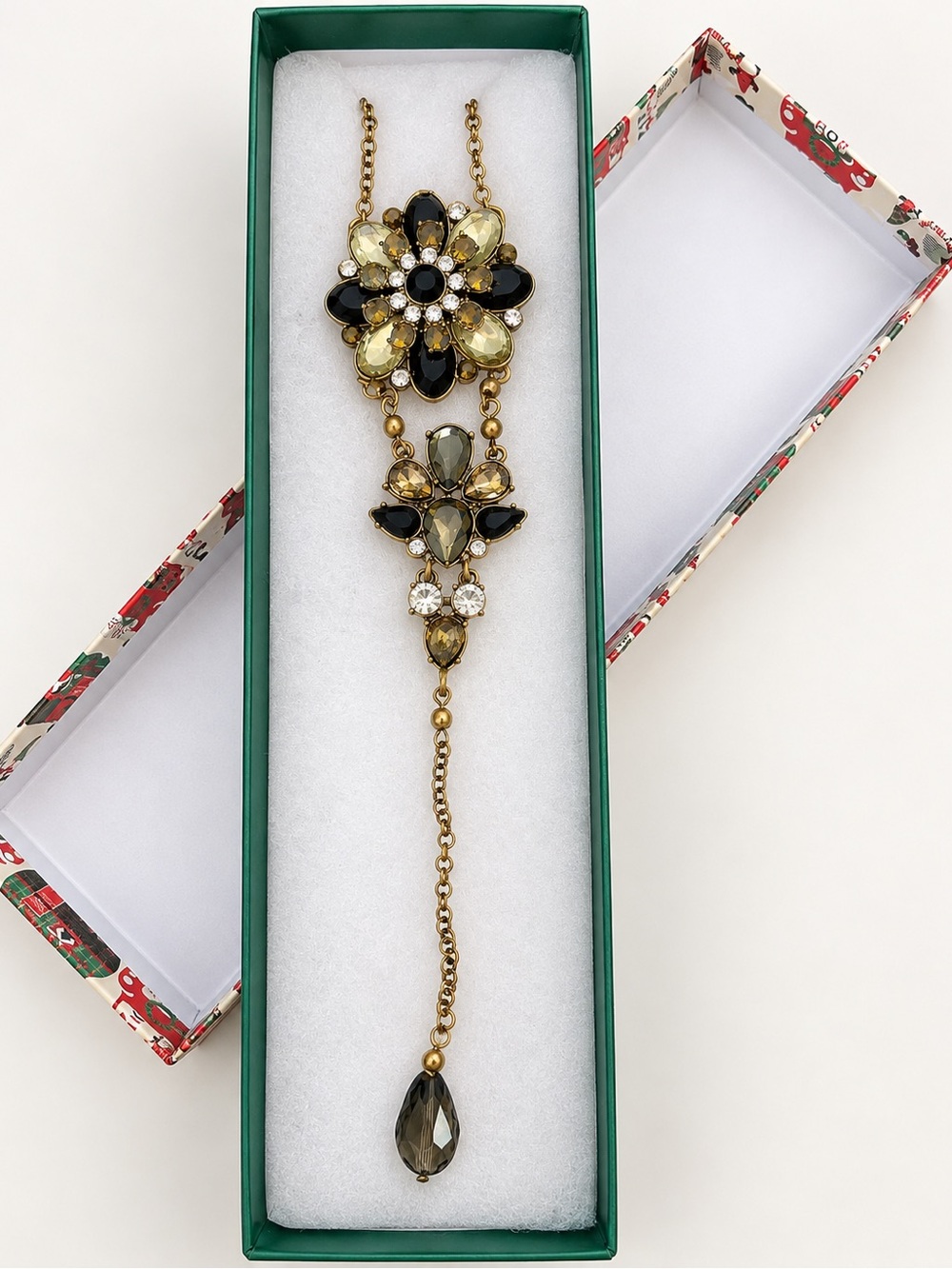 Gold-Tone Floral Pendant Necklace with Black and Olive Crystals